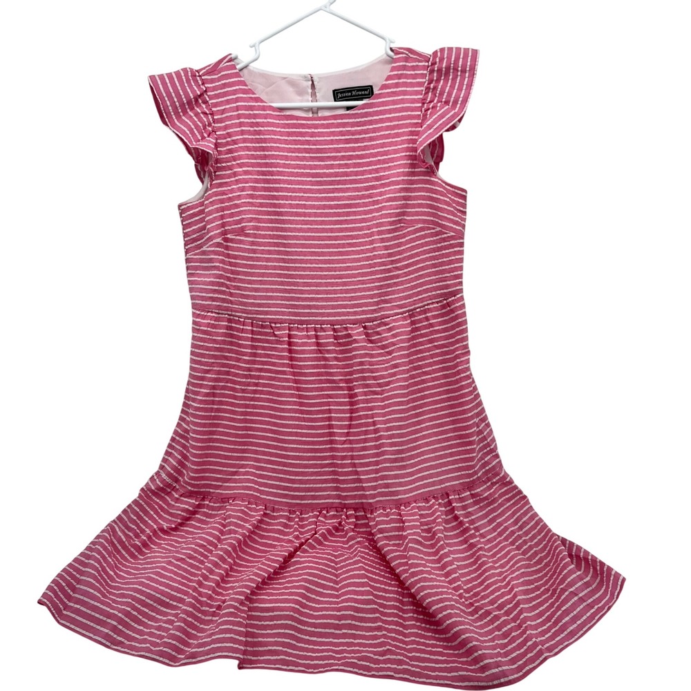 Jessica Howard Pink White Seersucker Striped Tiered Flutter Sleeve Dress Size 6